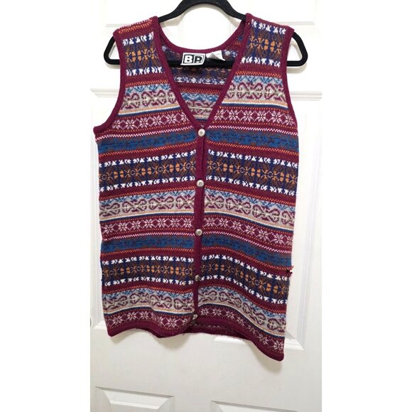 BP Nordstrom Women's Fair Isle 100% Wool Button-Front Sweater Vest S Burgundy Mu - Picture 2 of 7